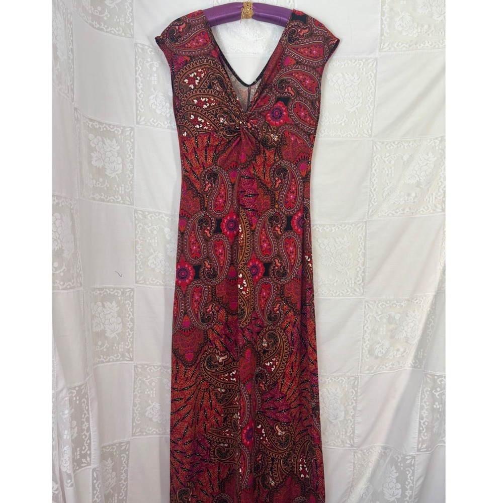 Pink Brown Paisley V Neck Retro Funky Y2K Maxi Dress Size M